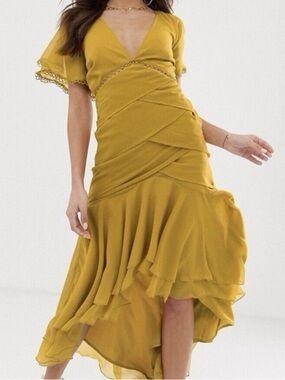 NWT Asos mustard yellow long maxi flowy gown dress layered size 2